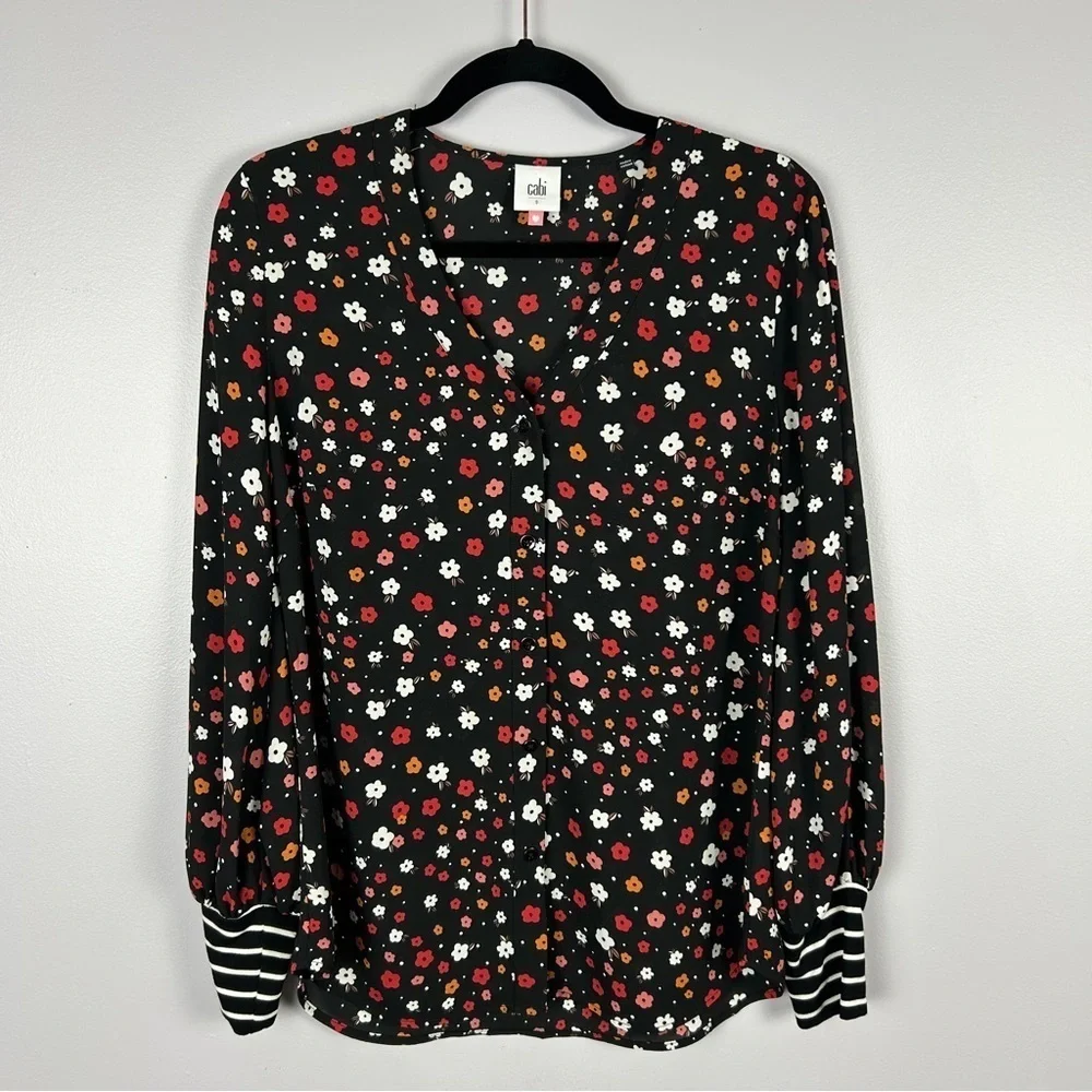 Cabi Floral Long Sleeves Striped Cuffs Button Down Blouse Small Black Red - Picture 3 of 13